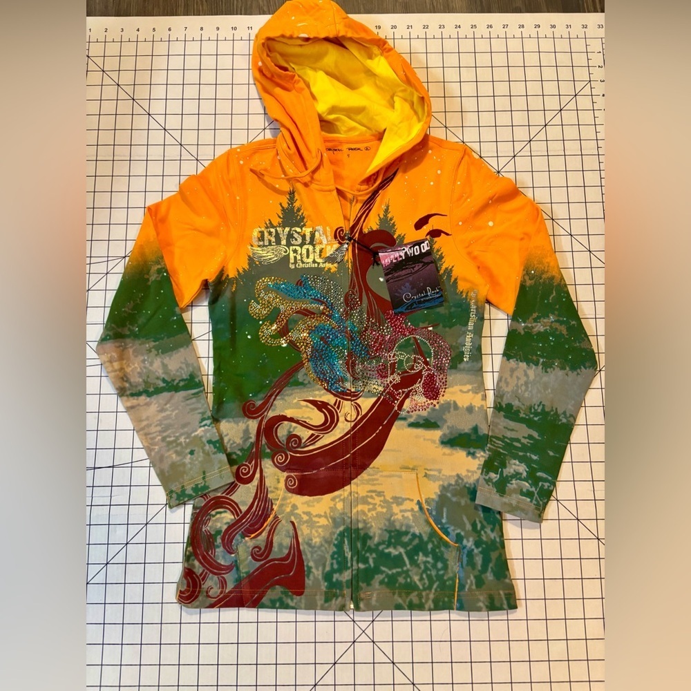 NWT Christian Audigier Womenโs Size Small Orange Crystal Rockโ Hoodie Jacket